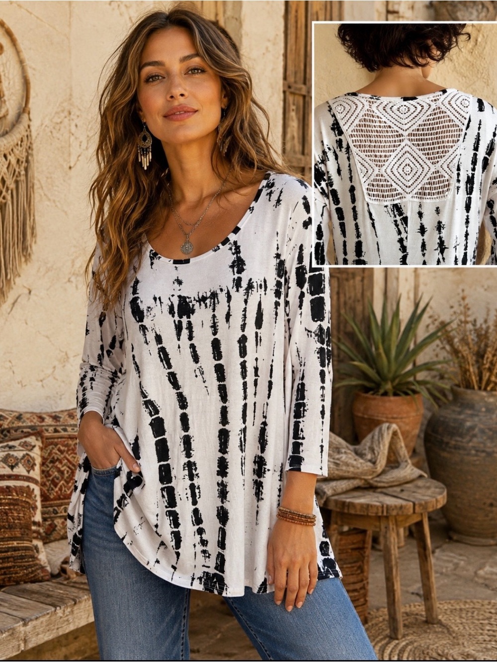 B.L.E.U. brand black and white jersey tunic top with crochet accent